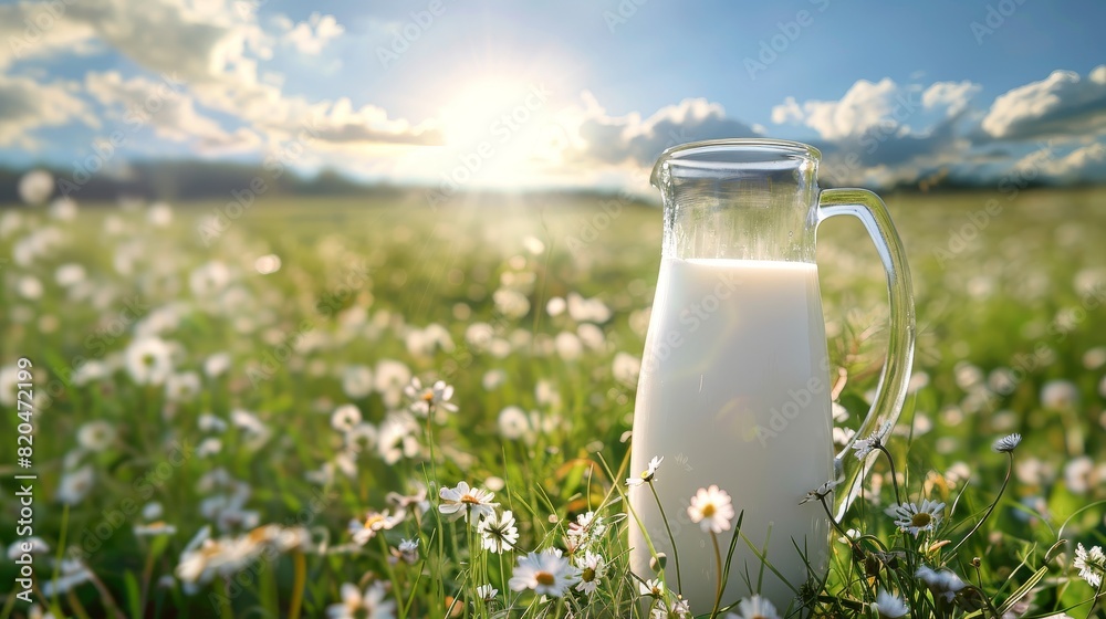 Glass of fresh milk in a sunny meadow, perfect for World Milk Day, dairy product advertising, and promoting natural, wholesome dairy products. Glass of fresh milk in a sunny meadow, perfect for World Milk Day, dairy product advertising, and promoting natural, wholesome dairy products.