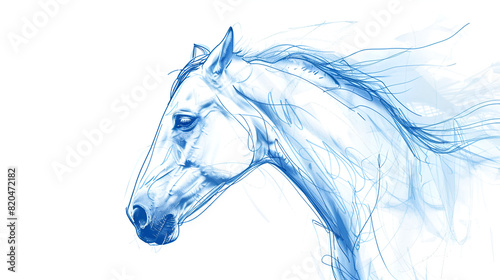 Equestrian sketch drawing of a blue portrait of a horse on a white background  generative Ai