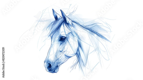 Equestrian sketch drawing of a blue portrait of a horse on a white background  generative Ai