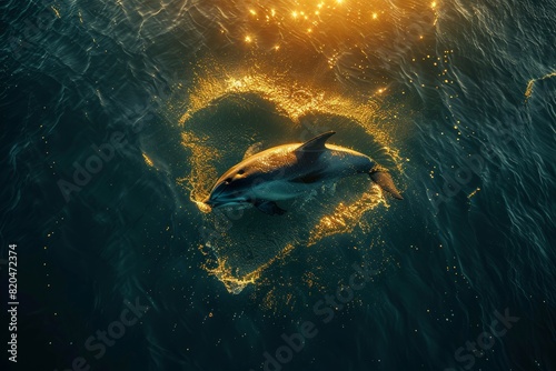 A dolphin is playing and jumping in the sea  so it causes a heart shape with water drop effects from the enjoyable jumping of the dolphin.