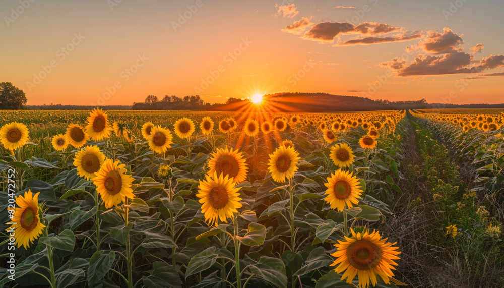 Obraz premium Golden Sunflower Fields at Sunset Explanation, Capture the stunning beauty of sunflower fields illuminated by the warm glow of the setting sun