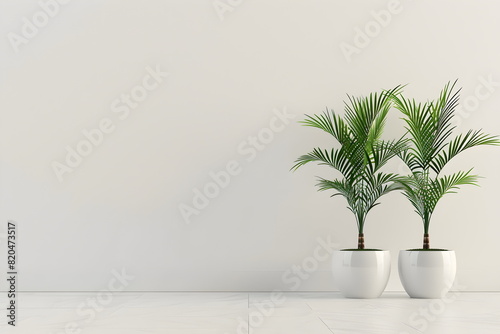 Beautiful house palm plants in a pot on a concrete floor, set next to a wall with sun ray and shadow on a white empty wall. Background, layout background. Green decoration for indoor plants. Product o
