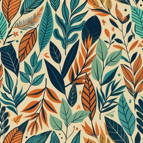 Seamless pattern of abstract ink patterns inspired by nature, featuring elements like leaves, branches, and waves, Generative AI