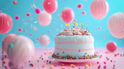Festive Happy Birthday Celebration with Colorful Cake and Balloons Background