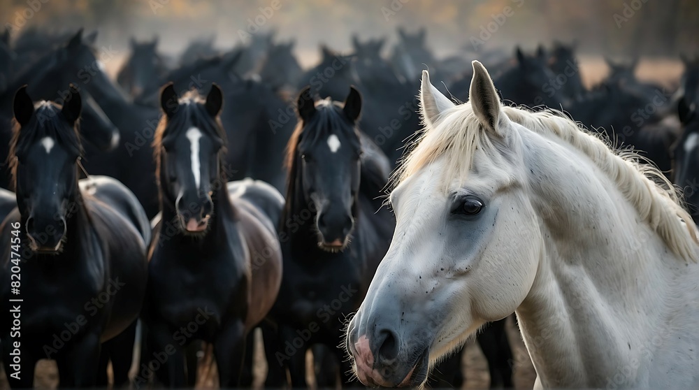 Photo of many dark colored horses with one white horse in the front.
