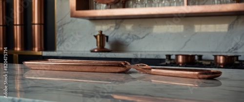 Copper utensils on classic marble bar counter 