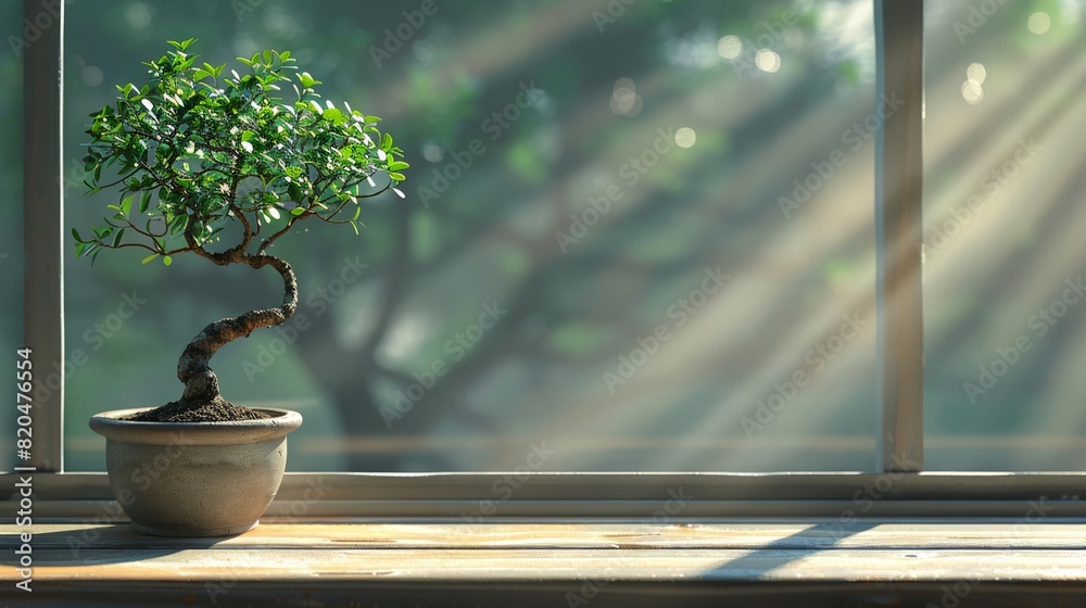 Serene window view featuring bonsai plant and shadow play