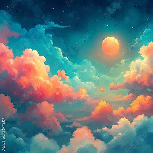 A dreamlike skyscape merges warm and cool tones, with clouds and a celestial glow obscured by a mysterious rectangle.” 🌌🎨