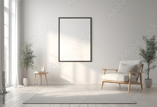 Photorealistic Frame Mockup ISO A paper size frame with a living room wall poster in a modern, white-walled interior design. 3D rendering