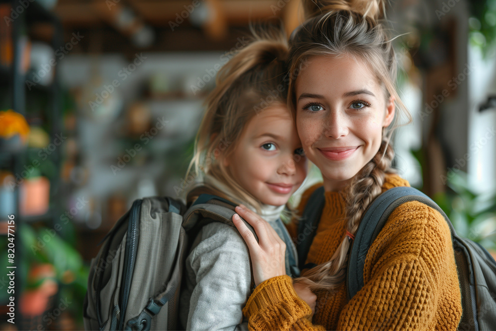 A mother getting her little daughter ready for school A mother getting her little daughter ready for school