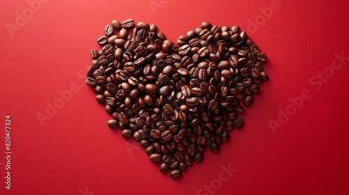 Heart shape made of coffee beans on a red background, symbolizing love and passion for natural coffee products, highlighting the connection between coffee and affection.