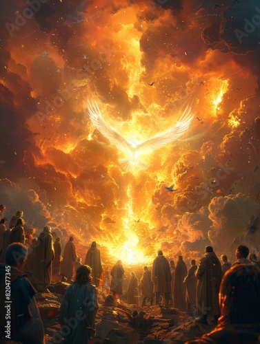 Pentecost - Digital Artwork Depicting the Descent of the Holy Spirit  with Believers Gathered Around a Bright Flame as Doves Soar in the Sky  Created with Generative AI Technology