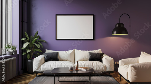 Frame mockup. The Violet wall tone symbolizes the color of passionate and unconditional love. Luxurious and elegant living room layout. Generative AI