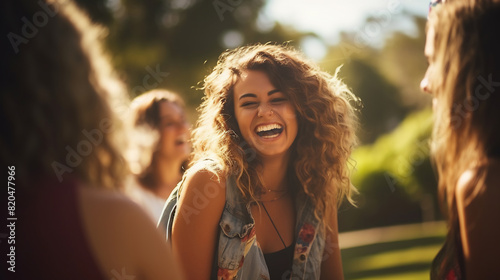 Young Women Laughing Together, Enjoying Sunlit Outdoor Gathering, Warm Casual Setting © AspctStyle