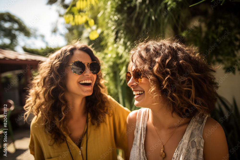 Young Women Laughing Together, Enjoying Sunlit Outdoor Gathering, Warm Casual Setting