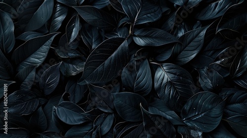 Top view of textures of abstract black leaves. Tropical leaf background. Flat lay, dark nature concept, tropical leaf. © CozyNessAI