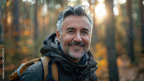 Joyful man in a forest setting enjoying nature with trees and greenery in the background © boxstock production