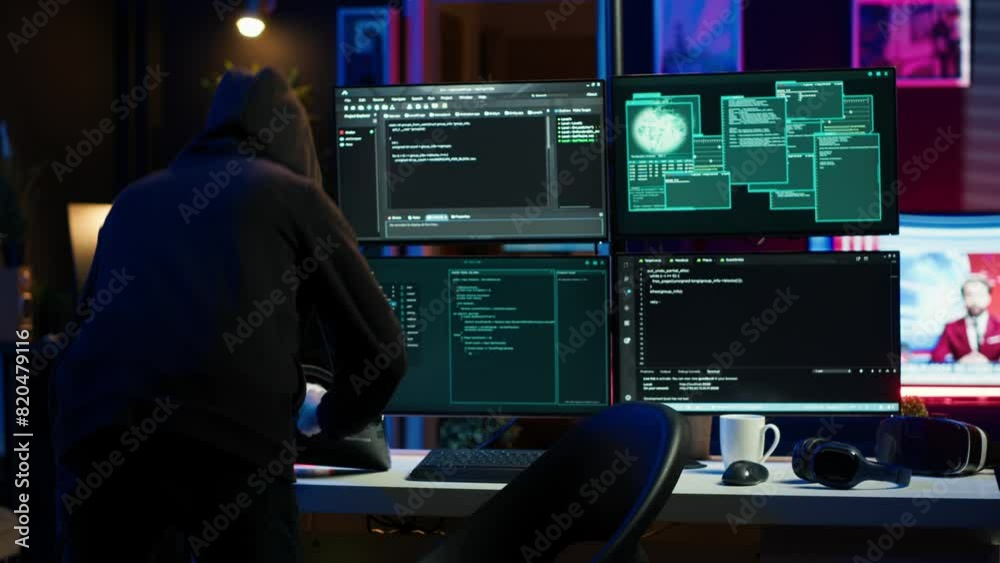Hacker arriving in hidden underground shelter, prepared to launch DDoS attack on websites. Cybercriminal in apartment starting work on script that can crash businesses servers, camera A Hacker arriving in hidden underground shelter, prepared to launch DDoS attack on websites. Cybercriminal in apartment starting work on script that can crash businesses servers, camera A