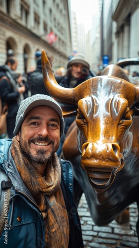 Wallpaper Mural Joyful Businessman Taking Selfie with Bronze Charging Bull Statue at Stock Exchange, Digital Illustration Created with Generative AI Technology Torontodigital.ca