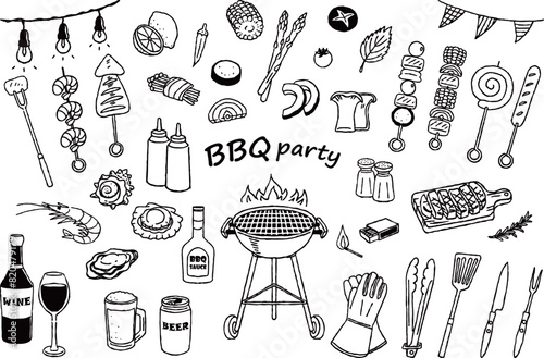 BBQイラストセット　手描き白黒線画