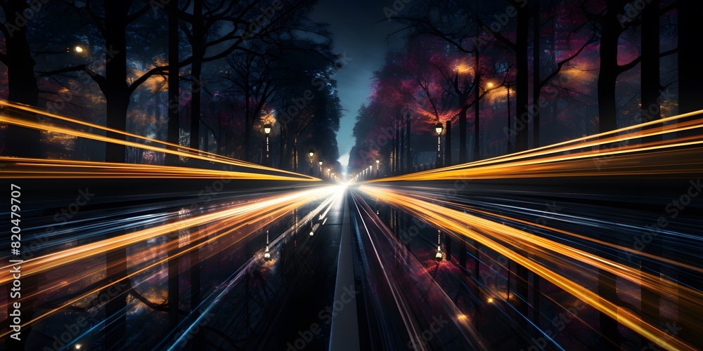Car lights on a fast-passing road splitting into different directions on a dark night Car lights on a fast-passing road splitting into different directions on a dark night