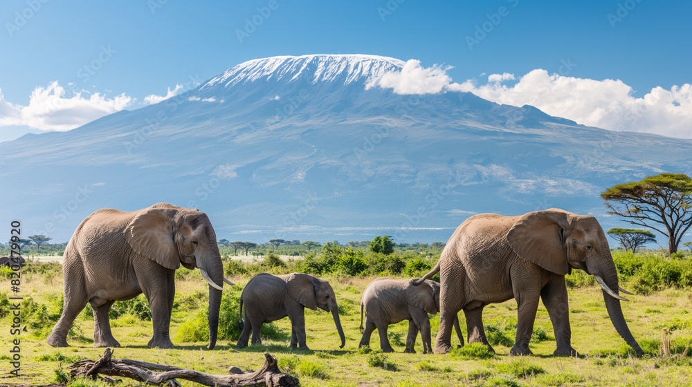 Fototapeta premium Elephant Herd Grazing Before Mount Kilimanjaro