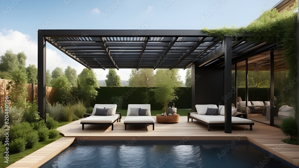 Fototapeta premium On an outside patio, a contemporary black bioclimatic pergola with a top perspective. Lounge chairs, a pool, and teak wood floors. verdant lawns and trees, generative artificial intelligence