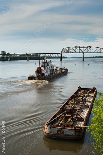 A barge transporting construction materials downriver to the bridge site, Generative AI photo