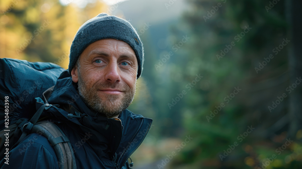 Joyful man in a forest setting enjoying nature with trees and greenery in the background Joyful man in a forest setting enjoying nature with trees and greenery in the background