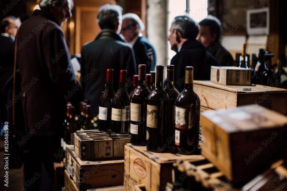 Fototapeta premium Wine Auction, With Collectors Bidding on Rare And Prestigious Bottles, Each With its Own Story And Significance, Generative AI