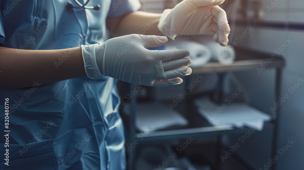Fototapeta premium Closeup hands of American doctor preparing for surgery and wearing hand gloves at health clinic or hospital office.