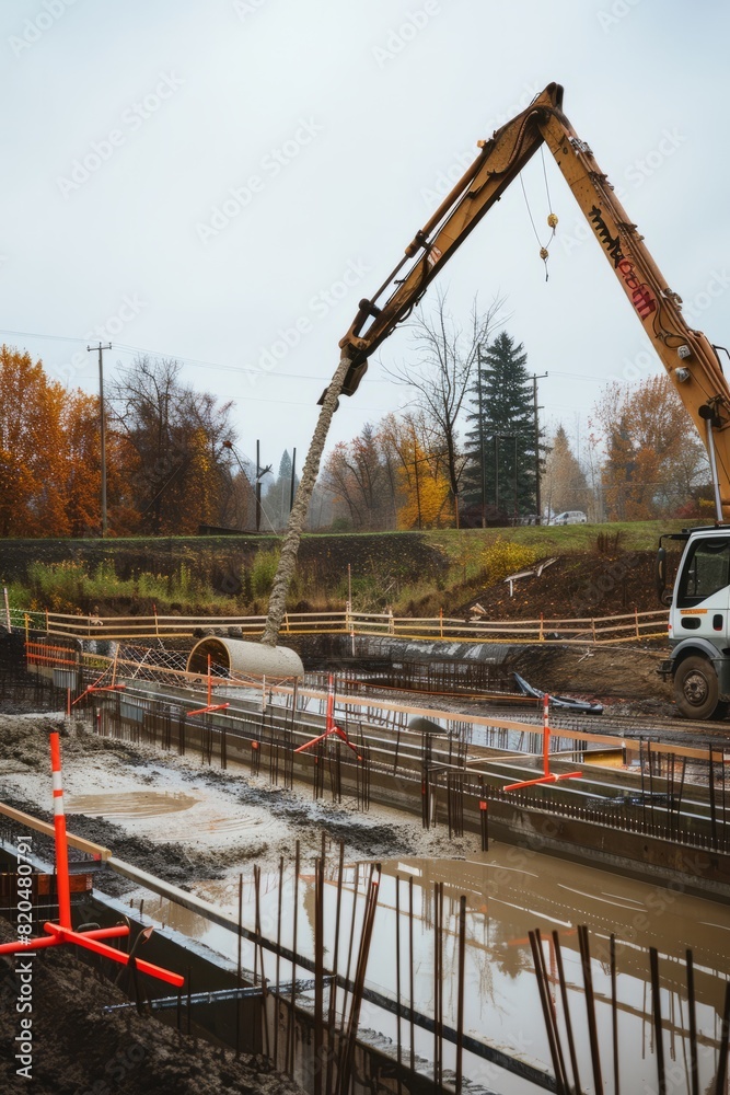 Naklejka premium A concrete pump truck delivering a steady stream of concrete to fill bridge forms, Generative AI