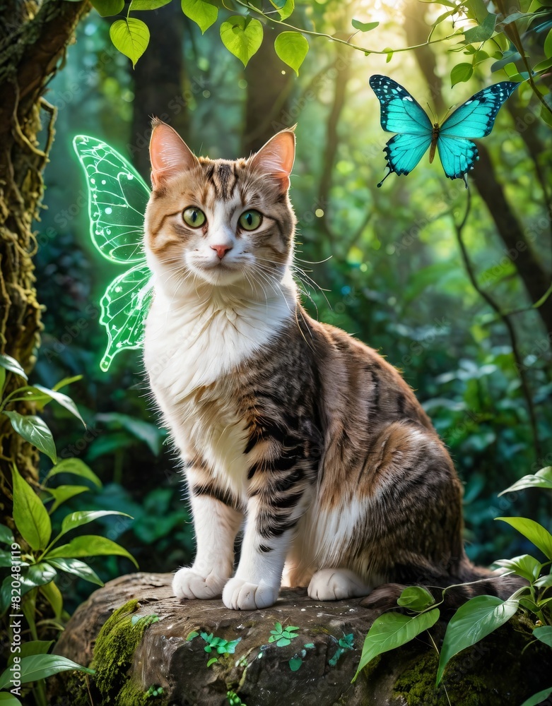 Glowing Green-Eyed Cat Enveloped in a Radiant Aura with Luminescent Tendrils and Leaves Glowing Green-Eyed Cat Enveloped in a Radiant Aura with Luminescent Tendrils and Leaves