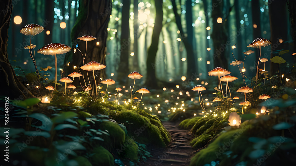 An enchanted forest with glowing fairies.