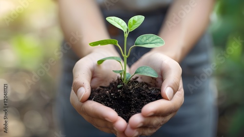 Close-up of a young plant sprouting from the ground in the hands of a woman.. New Life Woman Holding Tiny Sprout in Her Palms. 
Hope and Growth Close-up of Plant in Gentle Grasp