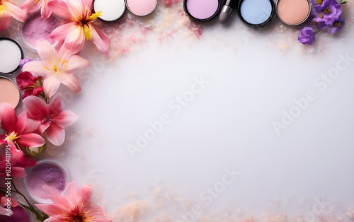 cosmetic makeup border frame with puff powder and flower with copy space on white background