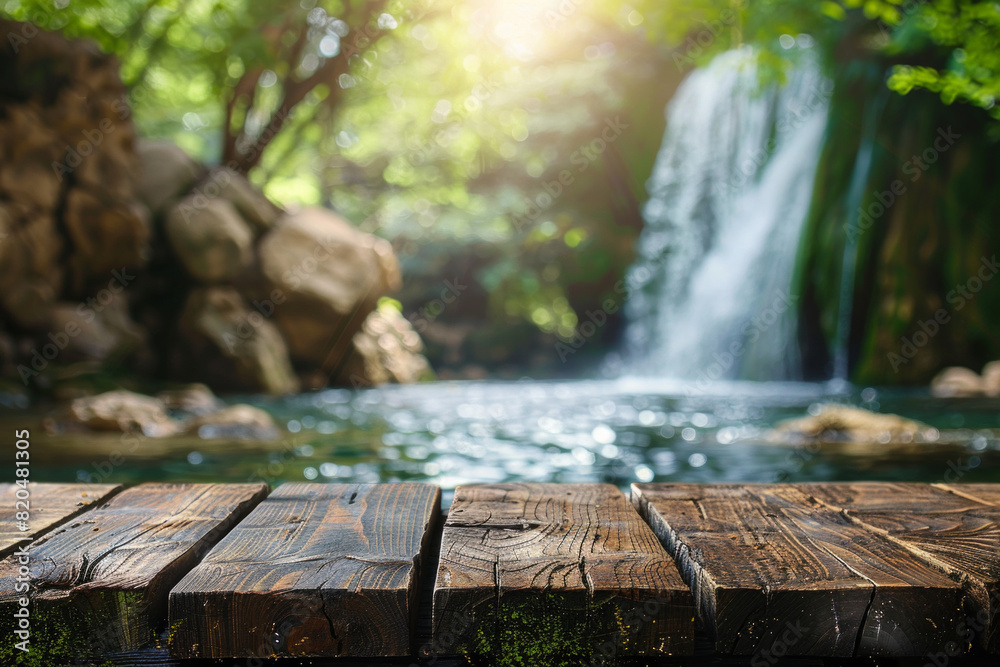 Fototapeta premium A wooden desk top with blurred background of waterfall. Good for background
