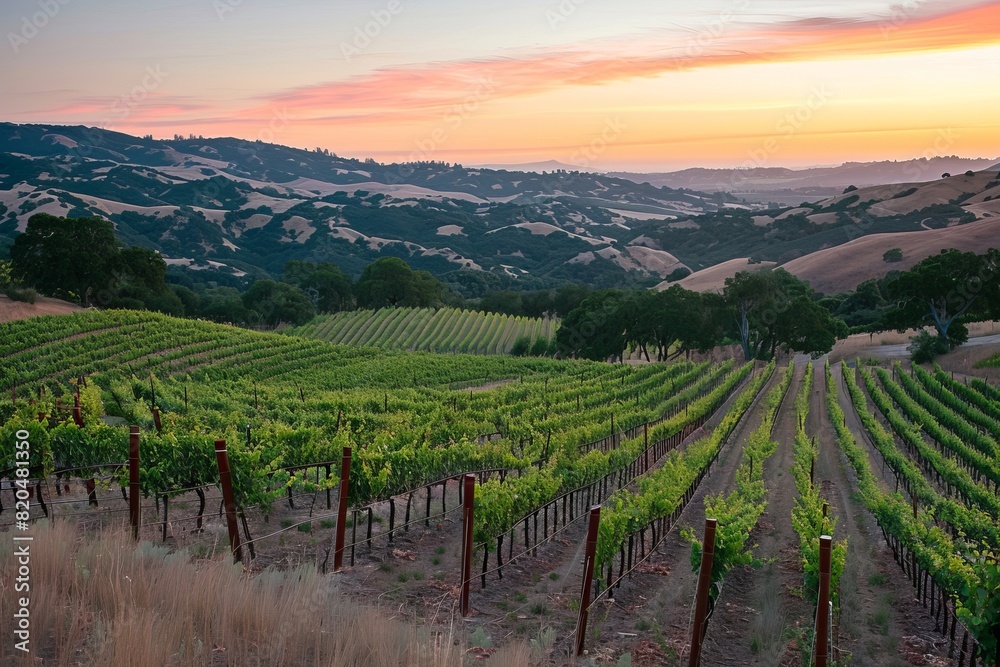 Fototapeta premium Vineyard Landscape at Sunset, With The Sky Painted in Hues of Orange And Pink, Casting a Warm Glow Over The Rolling Hills And Rows of Grapevines, Generative AI