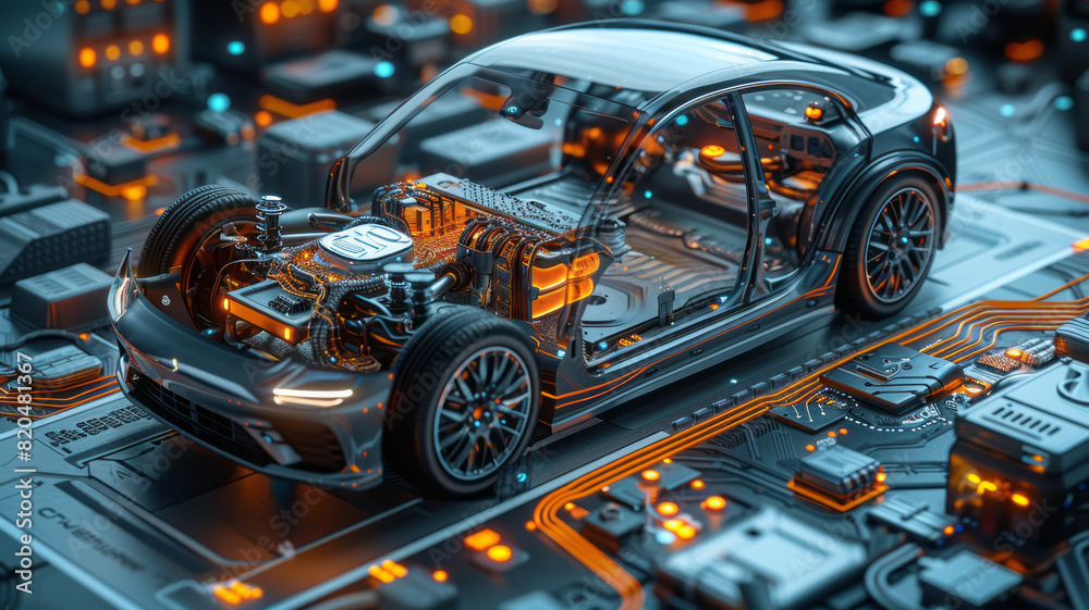 Fototapeta premium isometric diagram of a cutaway modern EV car showing all the components,generative ai