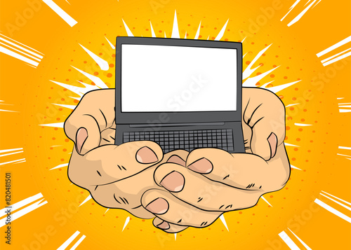 Cartoon, comic book human hands holding Laptop. Retro vector comics pop art design.