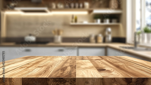 Wood table top on blurred kitchen background