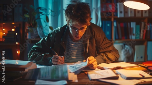 Shot of a student revising for the exam late at night, sitting at a desk full of papers and books photo