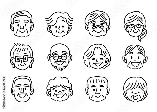 様々な高齢者の顔のモノクロのイラストセット