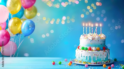 Birthday Celebration with Colorful Balloons  Cake  and Candles on Happy Birthday Blue Background - Festive Party Concept
