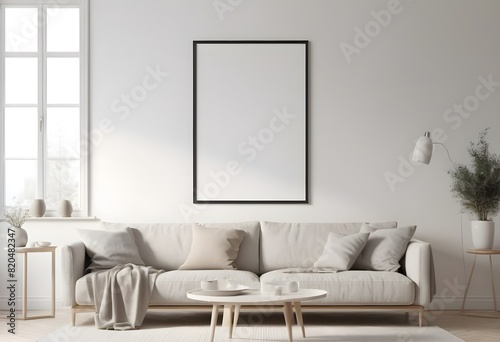 Photorealistic Frame Mockup ISO A paper size frame with a living room wall poster in a modern, white-walled interior design. 3D rendering