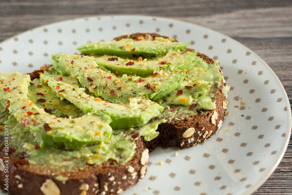 A closeup view of a plate of avocado toast.
