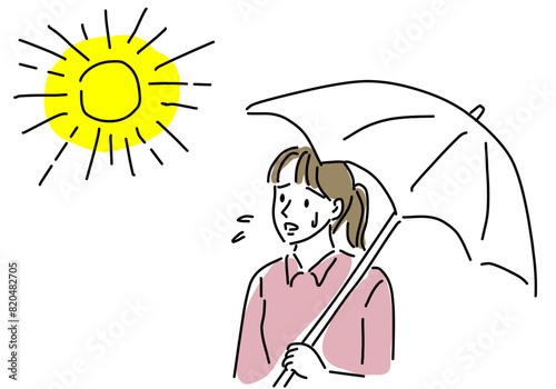 熱中症対策で日傘をさす女性シンプル線画