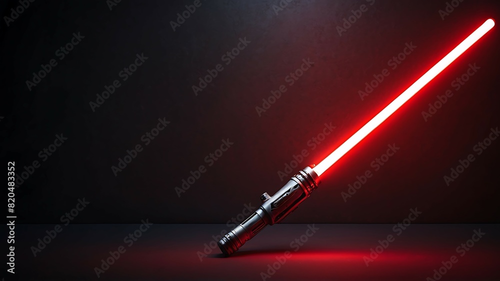 A red lightsaber with a silver handle lying on a dark background. A red lightsaber with a silver handle lying on a dark background.
