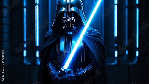 A armored person is holding a blue glowing lightsaber with copy space photo