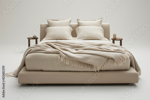 Comfy queen size bed with neutral bedding and wooden nightstands